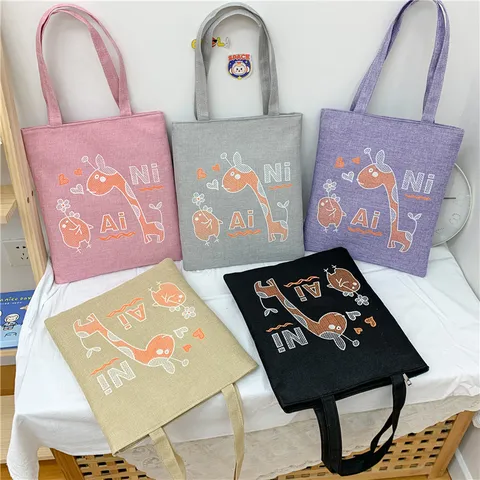 Fris Zoet Katoen Linnen Canvas Schoudertas Cartoon Giraffe Konijn Bedrukt Tote Tas Grote Capaciteit Studenten Schooltas Voor Dames