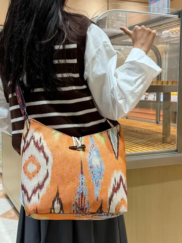Nationale Stijl Jacquard Borduurd Canvas Crossbody Tas Vintage Katoen Linnen Schoudertas Met Houtje-Touwtjeknoop Vrouwen