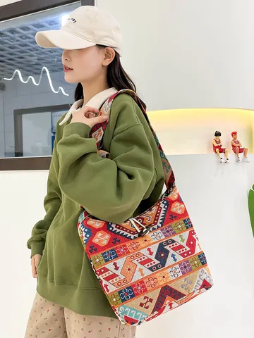 Vintage Embroidered Cotton Linen Saddle Bag Ethnic Geometric Totem Patchwork Shoulder Bag For Women Bohemian Casual Crossbody Bag