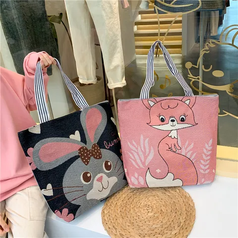 Simpatica Borsa shopper in Tela Ricamata con Animali dei Cartoni Animati Borsa a Tracolla Casual da Donna a Grande Capacità per la Scuola
