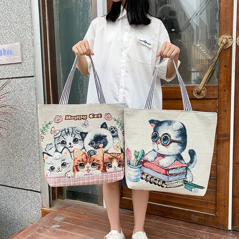Women Large Capacity Canvas Tote Bag Ethnic Jacquard Cartoon Cat Shoulder Bag Vintage Floral Shopping Handbag Daily Travel