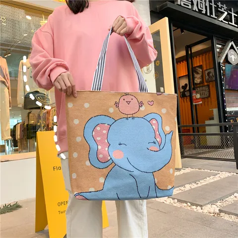 Simpatica Borsa shopper in Tela Ricamata con Animali dei Cartoni Animati Borsa a Tracolla Casual da Donna a Grande Capacità per la Scuola