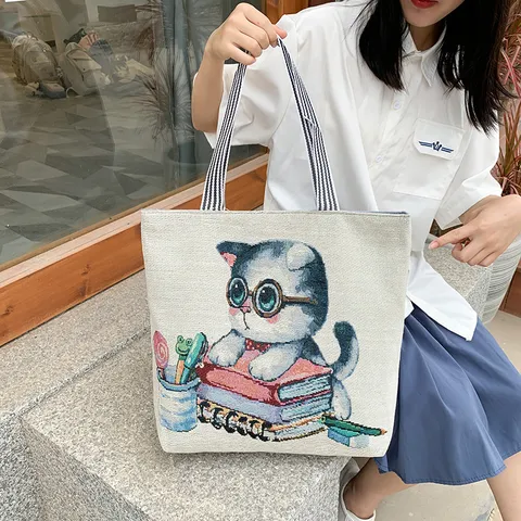 Women Large Capacity Canvas Tote Bag Ethnic Jacquard Cartoon Cat Shoulder Bag Vintage Floral Shopping Handbag Daily Travel