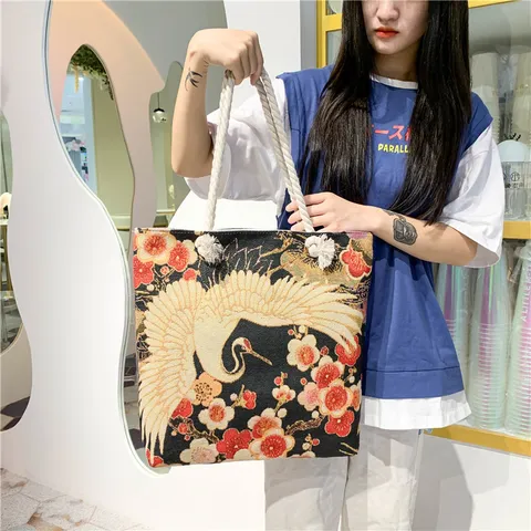 Chinese Vintage Jacquard Genaaide Canvas Tote Bag Gouden Metaaldraad Kraanvogel Zwaan Bloem Grote Capaciteit Katoenen Touw Handvat Schoudertas Voor Vrouwen