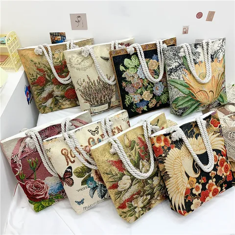 Chinese Vintage Jacquard Genaaide Canvas Tote Bag Gouden Metaaldraad Kraanvogel Zwaan Bloem Grote Capaciteit Katoenen Touw Handvat Schoudertas Voor Vrouwen