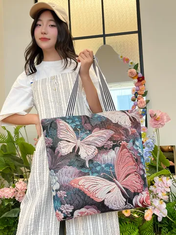 Etnische Stijl 3D Vlinder Borduurwerk Canvas Tote Bag Voor Vrouwen Grote Capaciteit Retro Bloemen Handtas Casual Schoudertas