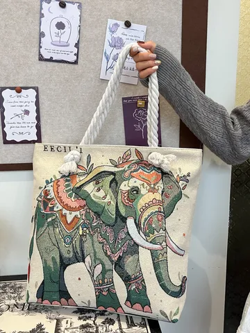 Etnische Stijl Grote Capaciteit Katoen Linnen Olifant Geboordurd Tote Schoudertas Dames Casual Pailletten Kwastjes Hennep Touw Handtas Dagelijks