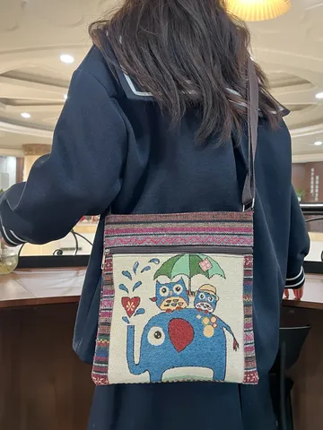 Etnische Stijl Katoen Linnen Canvas Crossbody Tas Schattig Cartoon Dier Uil Borduurwerk Patchwork Mobiele Telefoon Schoudertas Voor Vrouwen