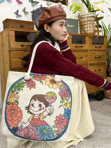 Damen Mode Segeltuch Totebag Elegant Blume Tier Bestickt Umhängetasche Große Kapazität Lässig Reise Handtasche Süß Baumwollleinen Strandtasche