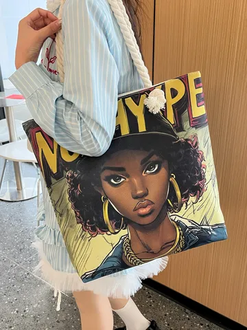 Veelzijdige Katoen Linnen Cartoon Print Tote Bag Grote Capaciteit Rits Schoudertas Handtas Met Touw Handvat Voor Strand Reizen Vrouwen Dagelijkse Tas