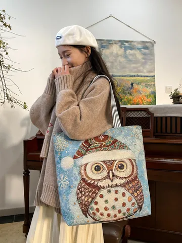 Grote Capaciteit Canvas Tote Bag Voor Vrouwen Vintage Gouden Zijde Uil Borduursel Schoudertas Student Studietas Dagelijks Casual Handtas