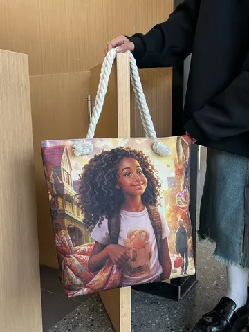 Veelzijdige Katoen Linnen Cartoon Print Tote Bag Grote Capaciteit Rits Schoudertas Handtas Met Touw Handvat Voor Strand Reizen Vrouwen Dagelijkse Tas