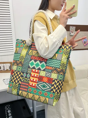 Vintage Boheems Segeltuch Tote Bag Grote Capaciteit Dames Bedrukte Schoudertas Reizen Casual Katoen Linnen Opbergtas Met Touwhandvat