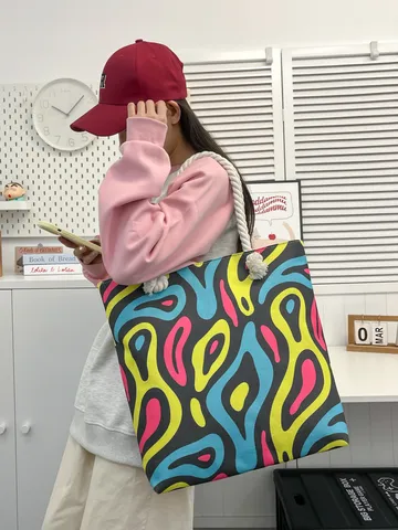 Vintage Boheems Segeltuch Tote Bag Grote Capaciteit Dames Bedrukte Schoudertas Reizen Casual Katoen Linnen Opbergtas Met Touwhandvat
