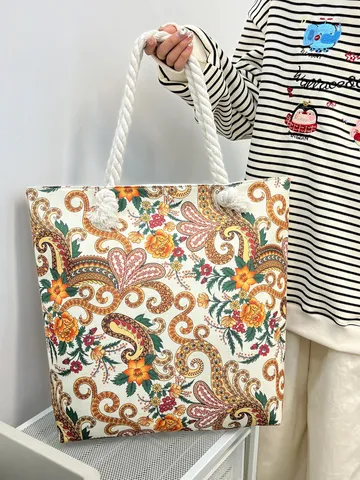 Bohemian Katoen Hennep Bedrukt Tote Bag Grote Capaciteit Strand Schoudertas Met Dik Katoenen Touw Handvatten Voor Dames Zomer Reizen