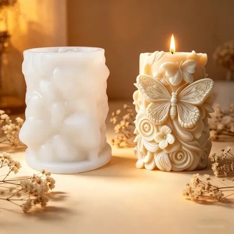 Vlinder Bloemen Reliëf Siliconen Kaars Mal 3D Cilindrisch Zeep Hars Mal DIY Ambacht Huis Decor Maken Tool
