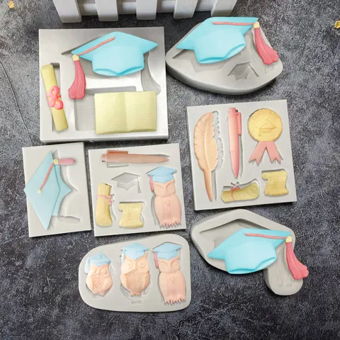 Abschluss Thema Silikon Fondant Form Doktorhut Schriftrolle Eule Kuchendekoration Form Schokolade DIY Backwerkzeug