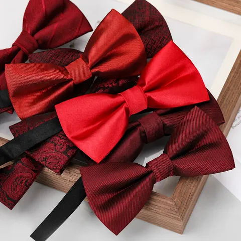 Men's Wine Red Bow Tie Classic Solid Jacquard Striped Bowtie For Wedding Business Suit Formal Party Neckwear