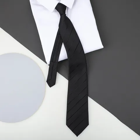 Unisex Business Wedding Formal Zipper Necktie Polyester Yarn Dyed Classic Striped Neck Tie For Men And Women