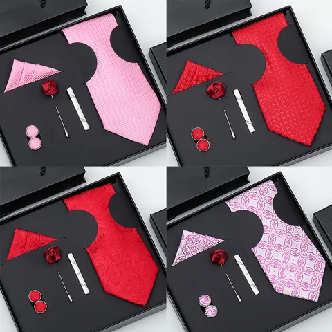 Ensemble Cadeau de Cravate Rayée Jacquard Formelle d'Affaires pour Hommes avec Pochette Boutons de Manchette Pince à Cravate Broche Accessoires de Mariage