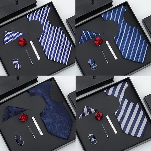 Ensemble Cadeau de Cravate Rayée Jacquard Formelle d'Affaires pour Hommes avec Pochette Boutons de Manchette Pince à Cravate Broche Accessoires de Mariage