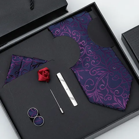 Hommes Affaires Formel Cravate Ensemble Rayé Cravate Pochette Boutons de Manchette Pince à Cravate Broche Coffret Cadeau Mariage Fête