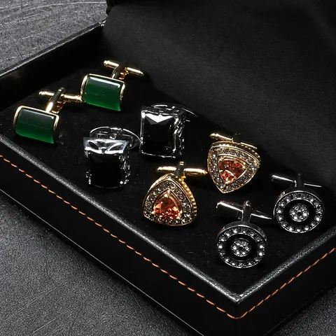 Boutons de Manchette Français pour Hommes Ensemble Cuivre Strass Géométrique Boutons de Manchette pour Chemise Costume Affaires Emballage Boîte Cadeau