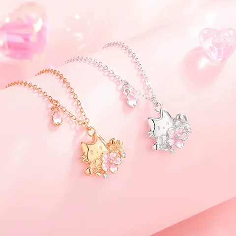Süße Kupfer Cartoon Katze Kirschblüte Anhänger Halskette Emaille Strass Tier Floral Schlüsselbein Kette Für Damen Mode Täglich Schmuck