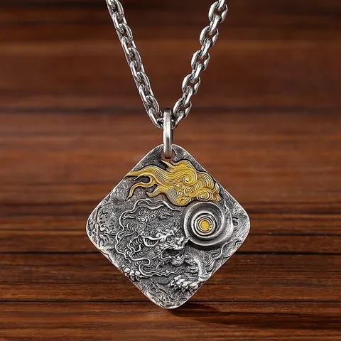 Vintage Copper Dragon Pendant Necklace For Men Antique Thai Silver Tone Geometric Relief Auspicious Clouds Male Necklace Jewelry Gift