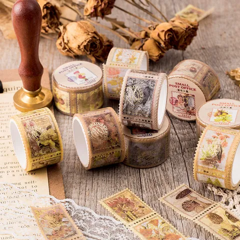 Retro Vintage Briefmarke Washi Tape Goldfoliengeprägt Gestanzt Dekorative Masking Tape Für Tagebuch Scrapbooking Planer DIY Basteln Schreibwaren