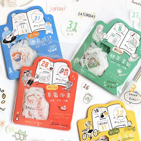 Cute Fresh Washi Paper Date Stickers Pack Cute Cartoon Hand Drawn Numbers Calendar Stickers For Journal DIY Scrapbook Decoration