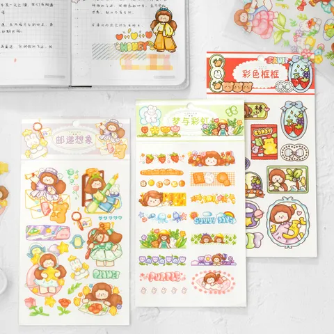 Cute Hand Drawn PVC Rub On Transfer Stickers Cartoon Character Bear Decoration Labels For DIY Scrapbooking Journal Planner Diary