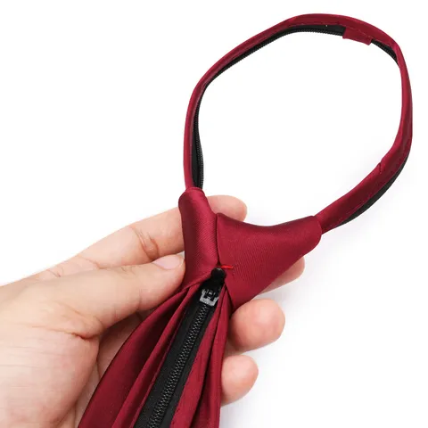 Men Business Wedding Silk Polyester Necktie Pre Tied Zipper Solid Color Narrow Tie Fashion Formal Neck Wear