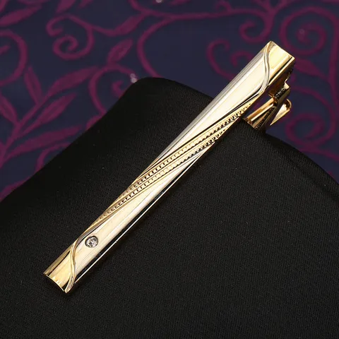 Men Business Tie Clip Metal Alloy Gold Silver Geometric Engraved Rhinestone Tie Pin Formal Suit Accessories Gift Box