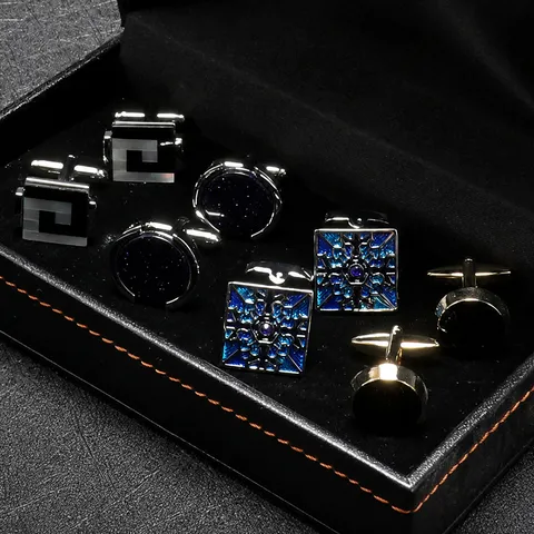Men French Cufflinks Gift Box Set Alloy Geometric Crystal Cuff Links Business Wedding Shirt Suit Jewelry Accessories
