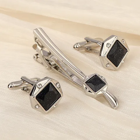 Hommes Affaires Mode Pince à Cravate et Boutons de Manchette Ensemble Ton Or Argent Strass Géométrique Mariage Cadeau Bijoux
