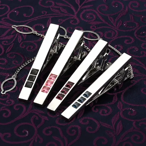 Mens Fashion Business Tie Clip Alloy Rhinestone Crystal Formal Suit Tie Pin With Chain Gift Box Jewelry