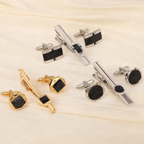 Men Business Fashion Tie Clip And Cufflinks Set Gold Silver Tone Rhinestone Geometric Wedding Gift Jewelry