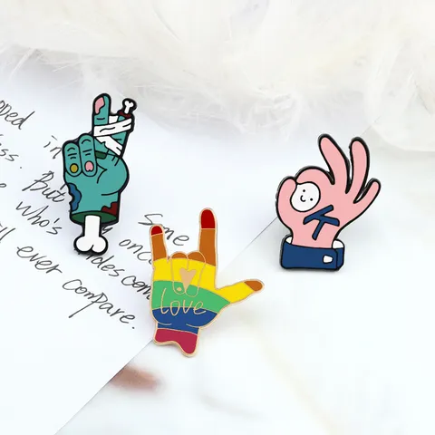 Cute Cartoon Hand Gesture Enamel Brooch Pin Geometric Letter Expression Alloy Badge for Clothing Backpack Decor Jewelry Gift