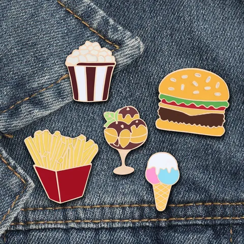 Funny Cartoon Fast Food Alloy Enamel Brooch Hamburger Popcorn French Fries Ice Cream Shape Badge Clothes Lapel Pin Jewelry Gift For Foodies