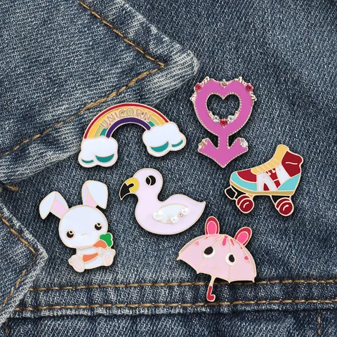 Cute Cartoon Enamel Brooch Pin Set Alloy Scenery Series Rabbit Rainbow Umbrella Heart Badge For Backpack Clothing Accessory Gift