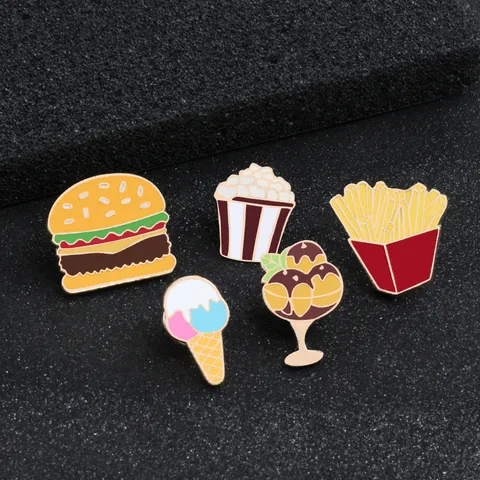 Funny Cartoon Fast Food Alloy Enamel Brooch Hamburger Popcorn French Fries Ice Cream Shape Badge Clothes Lapel Pin Jewelry Gift For Foodies