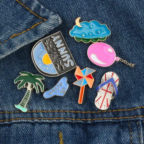 Cartoon Alloy Enamel Brooch Creative Tropical Sun Cloud Palm Tree Balloon Windmill Slippers Shape Lapel Pin Badge Jewelry Gift For Unisex