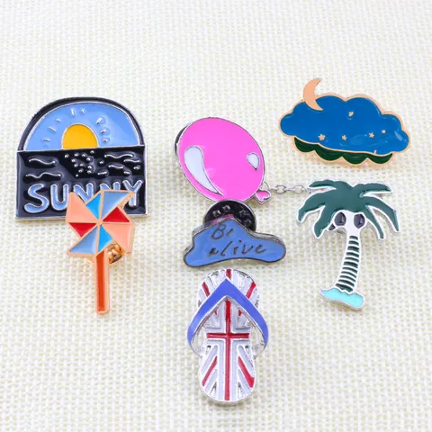 Cartoon Alloy Enamel Brooch Creative Tropical Sun Cloud Palm Tree Balloon Windmill Slippers Shape Lapel Pin Badge Jewelry Gift For Unisex
