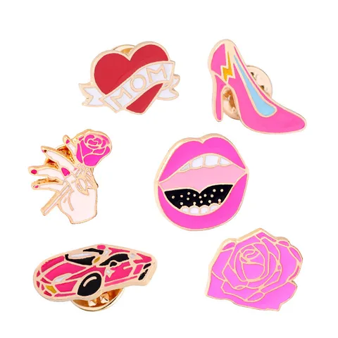 Cute Pink Enamel Brooch Pin Cute Alloy Sports Car Lip High Heels Rose Flower Heart Badge Apparel Lapel Accessories Gifting Jewelry For Clothes Bags