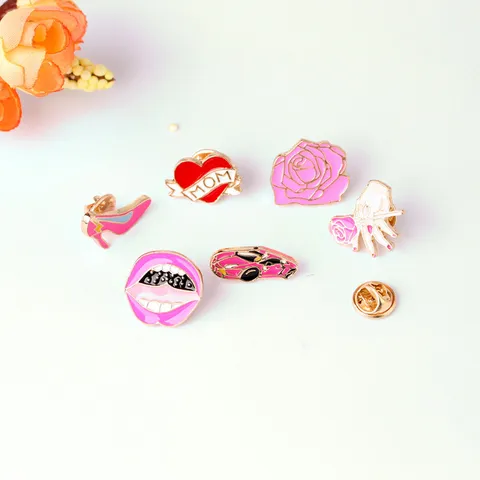Cute Pink Enamel Brooch Pin Cute Alloy Sports Car Lip High Heels Rose Flower Heart Badge Apparel Lapel Accessories Gifting Jewelry For Clothes Bags