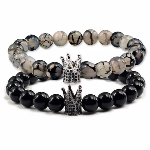 2pcs Natural Stone Bracelet Set Lava Rock White Turquoise Pave Rhinestone Crown Bead Stretch Bracelets For Women Men Couple Jewelry Gift