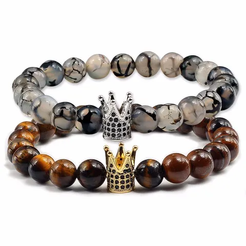 2pcs Natural Stone Bracelet Set Lava Rock White Turquoise Pave Rhinestone Crown Bead Stretch Bracelets For Women Men Couple Jewelry Gift