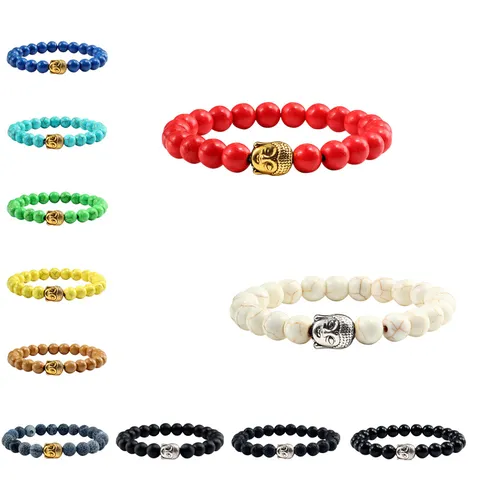Etnische Natuursteen Turkoois Lava Kralen Elastische Armband Met Metalen Boeddha Hoofd Unisex Geometrische Charm Armband Yoga Sieraden Cadeau