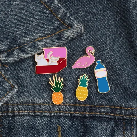 Cute Cartoon Animal Fruit Alloy Enamel Brooch Pin Set For Clothes Bags Colorful Pineapple Cat Flamingo Water Bottle Fashion Lapel Badges Jewelry Gift For Unisex